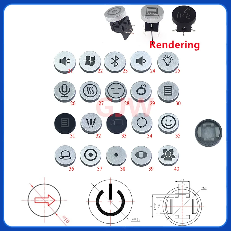 10 Uds. Con diseño de logotipo diferente, tapa de interruptor táctil con luz, interruptor de logotipo de alimentación de 10mm, tapa de botón gris plateado - imagen 2