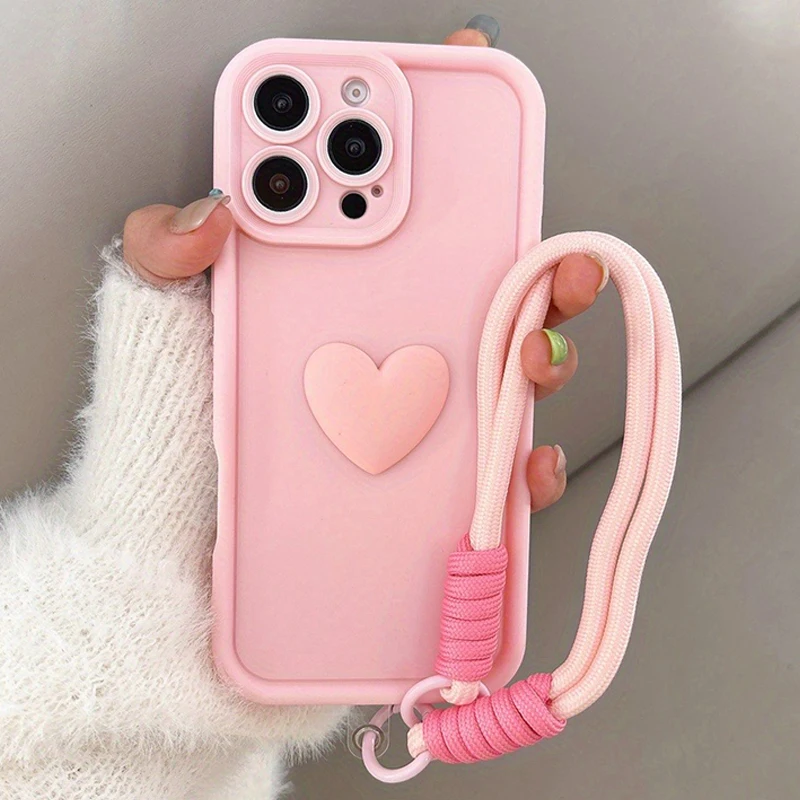 Funda de teléfono suave de silicona con corazón de amor rosa 3D para iPhone 11 12 13 14 15 16 17 Pro Max 16E XS XR X 7 8 Plus con cubierta de cuerda con cordón