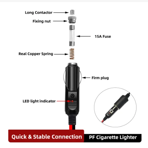 Adaptador de corriente para encendedor de cigarrillos de 12V y 24V, enchufe macho de alta potencia con cable de alimentación con fusible de 15A para coches y camiones - imagen 2