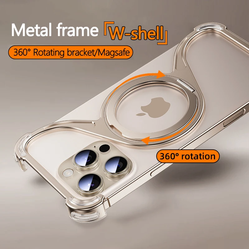 Funda de teléfono magnética de metal en forma de W para iPhone 16 15 14 13 Pro Max aleación de aluminio sin marco Magsafe 360 °   Cubierta a prueba de golpes del soporte - imagen 2