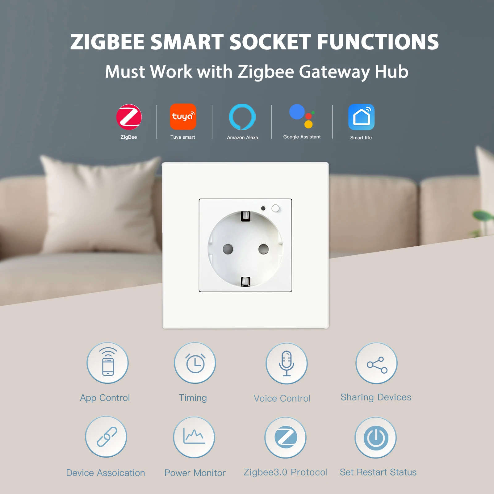 BSEED-enchufe de pared Zigbee estándar de la UE, Monitor de potencia inteligente, Panel de plástico de 220V, 16A, Tuya, Alexa, Google, Control de vida inteligente - imagen 3