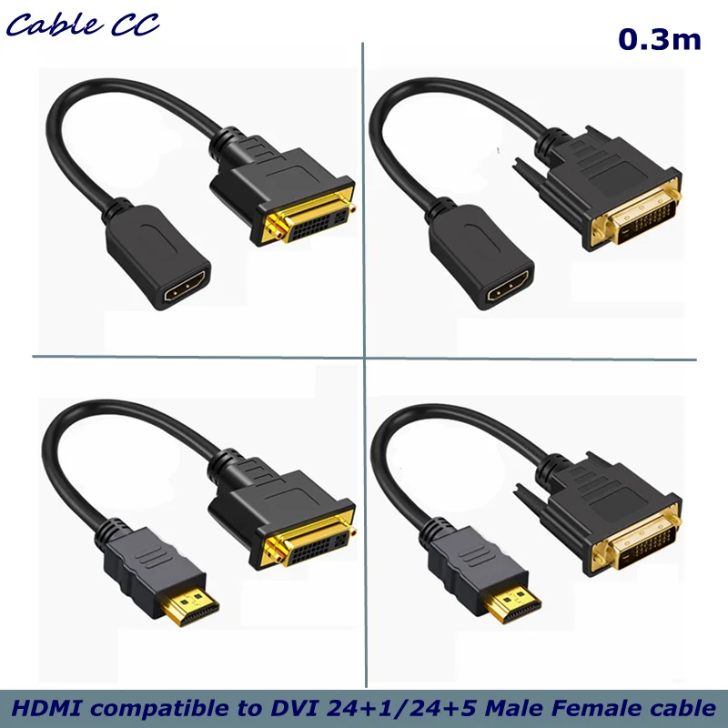 Adaptador DVI compatible con HDMI de 0,3 M, 1080P, DVI bidireccional 24 + 24 + 5 pines a Cable HD para Monitor de tarjeta gráfica de PC Xbox PS4/3