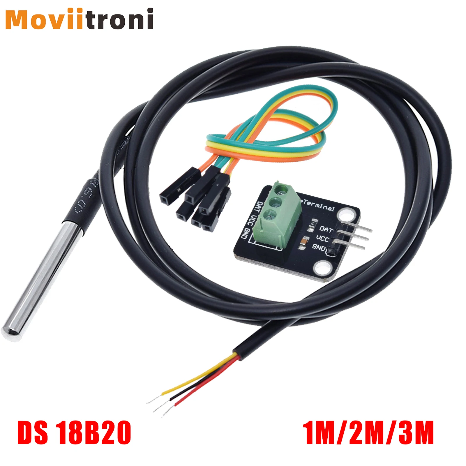 Sonda de sensor de temperatura DS 18B20, paquete de acero inoxidable, resistente al agua, 1m, 2m, 3m con módulo adaptador de terminal