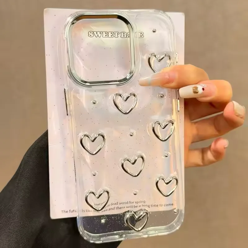 Funda de teléfono con purpurina coreana 3D ahuecada con corazón de amor para iPhone 17 16 15 14 13 12 11 Pro Max 17Air X XR XS 7 8 Plus cubierta transparente - imagen 3