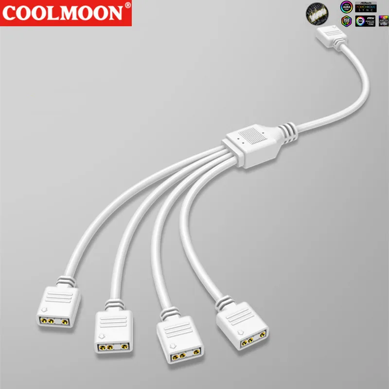 COOLMOON blanco 30CM 5V 3Pin ARGB Cable de extensión adaptador 1 a 1 2 3 4 divisor para ventilador placa base AURA RGB LED sincronización para MSI ASUS