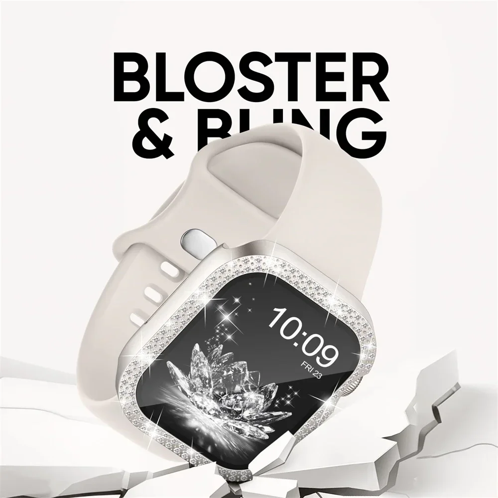 Bling Glass + cubierta + correa para correas de reloj Apple 45mm 41mm 44mm 40mm pulsera parachoques de diamante + Protector de pantalla serie 9 8 7 6 5 4 SE