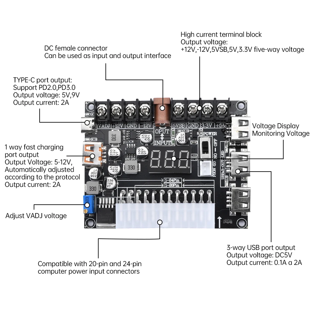 Placa adaptadora de corriente ATX de 20/24 pines PD2.0 PD3.0 Placa adaptadora de corriente de bloque de terminales de alimentación ajustable para teléfono celular, tableta, etc. - imagen 4