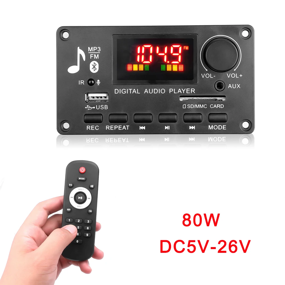Placa decodificadora de MP3 Bluetooth DC 5V-26V, amplificador de 80W, reproductor Mp3 de música para coche inalámbrico, módulo de grabación de llamadas manos libres, Radio FM