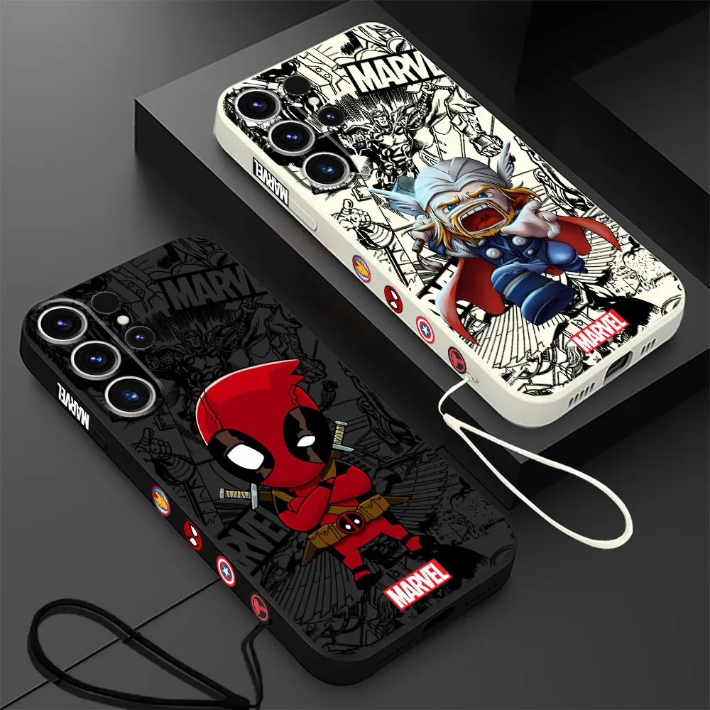 Funda de teléfono estampada para Samsung Galaxy S24 Ultra S22 Plus S20 FE S23 Ultra 5G S21, cubierta líquida cuadrada suave Marvel Thor Deadpool - imagen 4