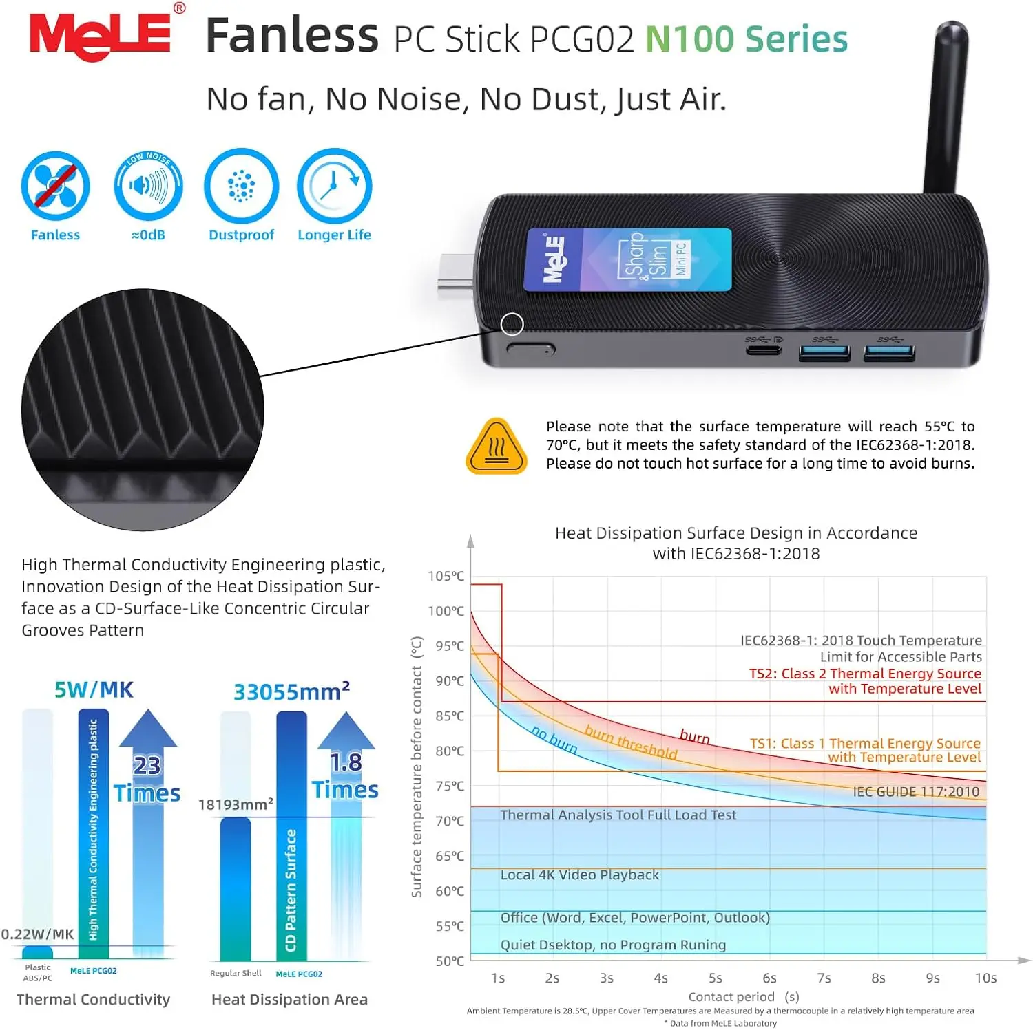 MeLE PCG02 Mini PC Stick sin ventilador N100 8GB LPDDR4 128GB Micro computadora de escritorio con USB-C de función completa, WiFi 2,4G/5,0G, HDMI 4K - imagen 5