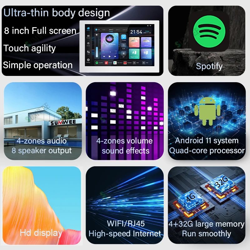 AMPLIFICADOR DE audio de 4 zonas en la pared, panel de control de hogar inteligente tuya, 8x30W, sistema RJ45, Android 11, reproductor de música de sonido con pantalla táctil de 8 pulgadas - imagen 2
