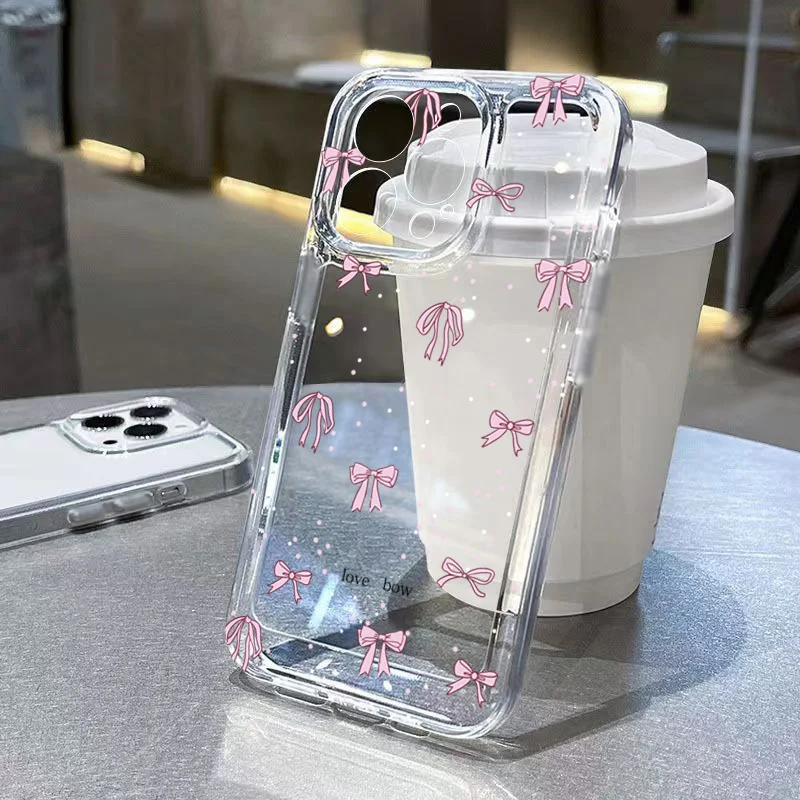 Funda de teléfono de TPU con bonito lazo rosa coreano para iPhone 16 16E 15 14 13 12 11 Pro Max XR Max 7 8 16 Plus SE2 cubierta transparente a prueba de golpes - imagen 5