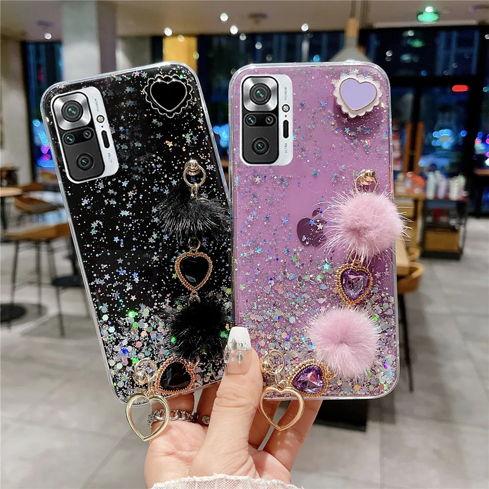Funda de teléfono con pulsera de felpa de corazón de amor de lujo para Xiaomi Redmi Note 11, 11S, 10, 9 Pro, 10S, 9S, 10A, 10C, 11 Lite, 11T, POCO X3 - imagen 2