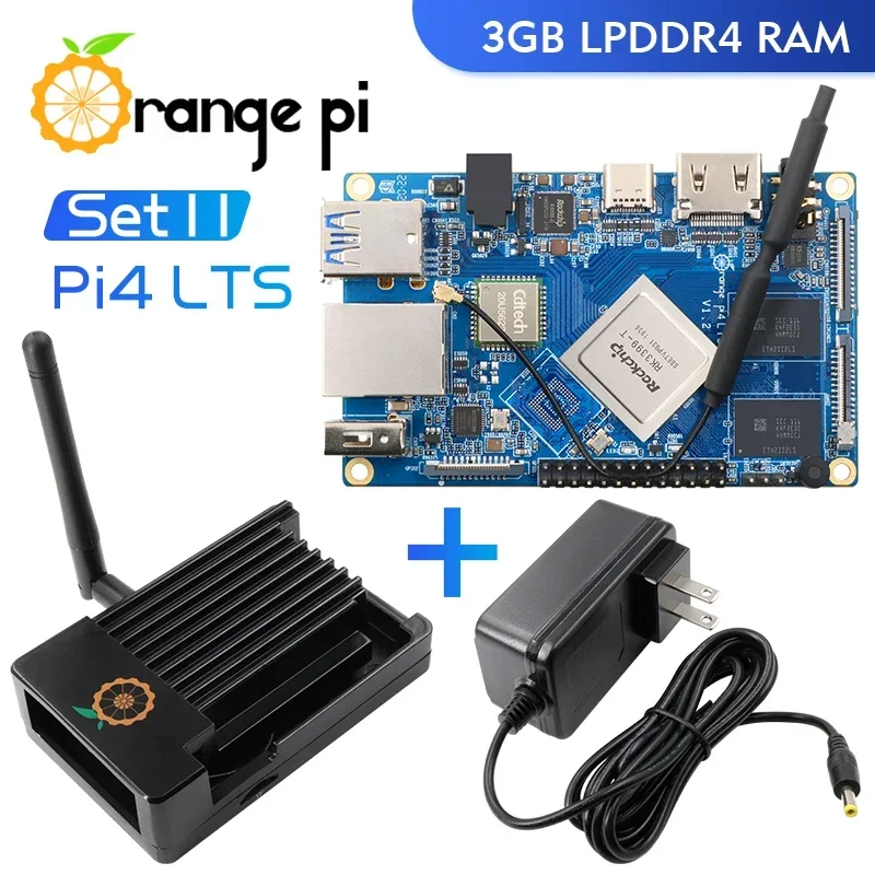 Orange Pi 4 LTS 3G + carcasa metálica (antena) + fuente de alimentación DC 5V4A, mini tableta de ordenador PC RK3399-T, ejecutar Android, Ubuntu, sistema operacional Debian