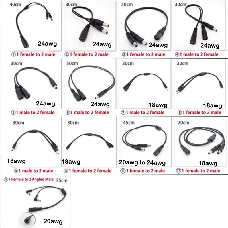 1 CC macho hembra a 2 vías doble macho hembra Cable enchufe 5,5*2,1mm 5,5x2,5mm 2A 5A 7A adaptador divisor de fuente de alimentación para tira de LED