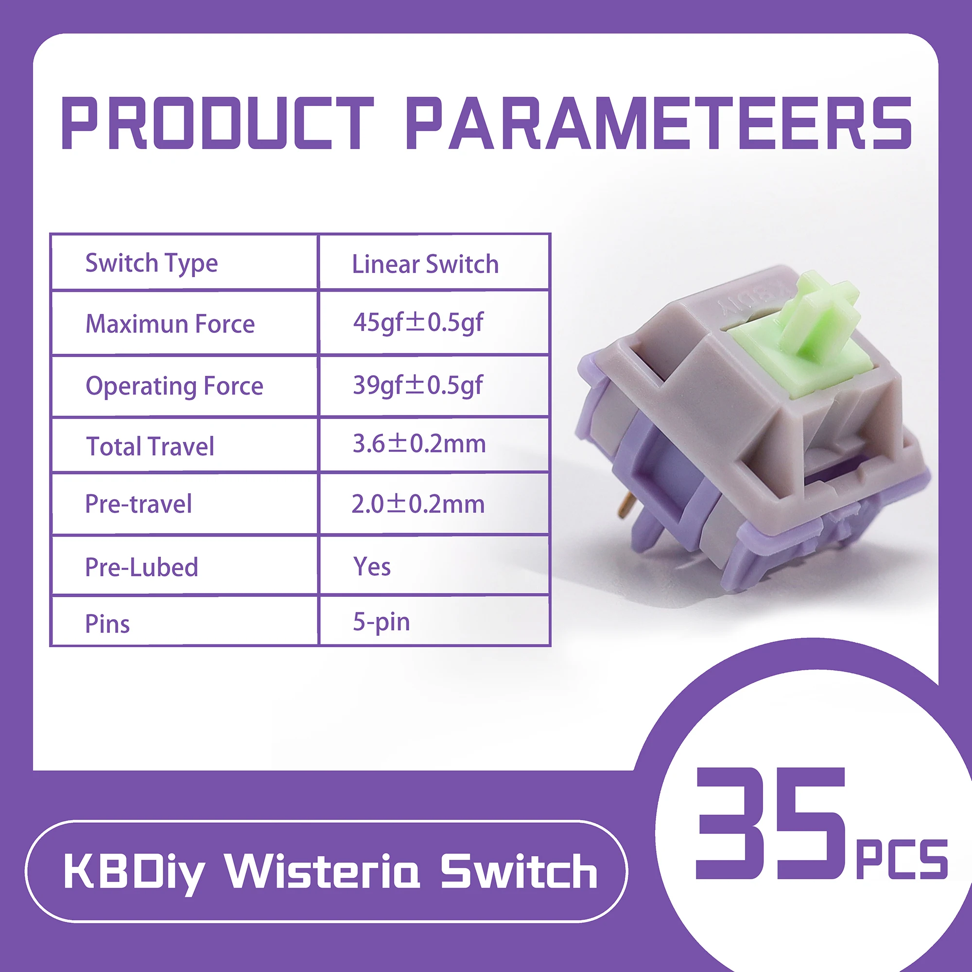 35 piezas KBDiy interruptores de glicina lineal prelubricado 5 pines 39gf juego de teclado de interruptor cremoso para DIY 60 teclados mecánicos para jugar - imagen 2