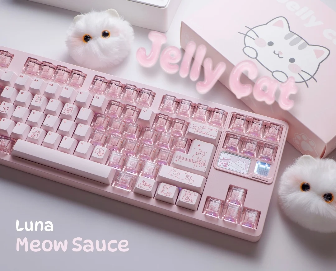 Juego de teclas rosas con tema de salsa de gato, tapas de teclado de PC PBT, teclas transparentes con perfil de cereza para accesorios de teclado mecánico