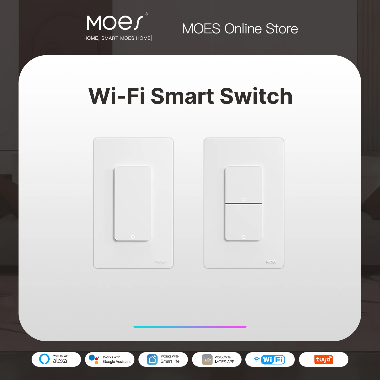MOES-interruptor de luz inteligente con wifi para el hogar, pulsador de pared de un solo polo, funciona con Alexa, Google Home, cable neutro requerido