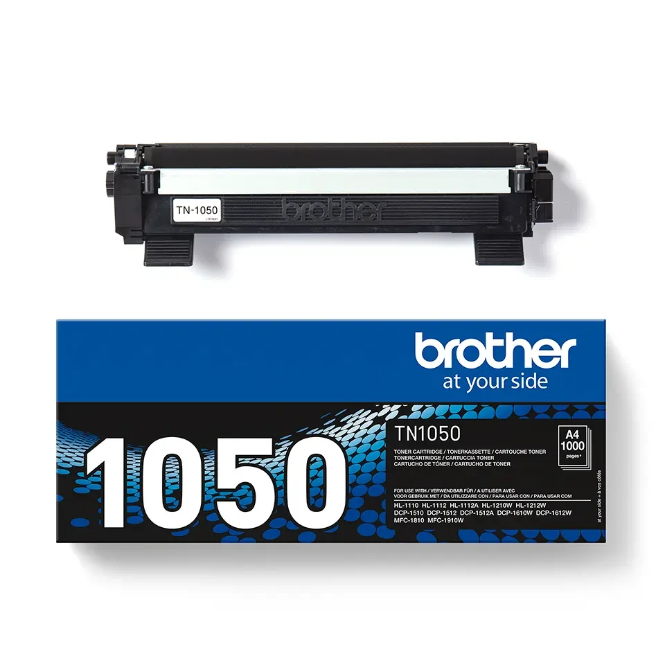Brother TN1050 Black Original Toner Cartridge for Brother printers, high quality with a yield of 1,000 pages, compatible with models DCP 1510, 1512, 1610W, 1612W, HL 1110, 1112, 1210W, 1212W, MFC 1810, 1910, and 1910W.