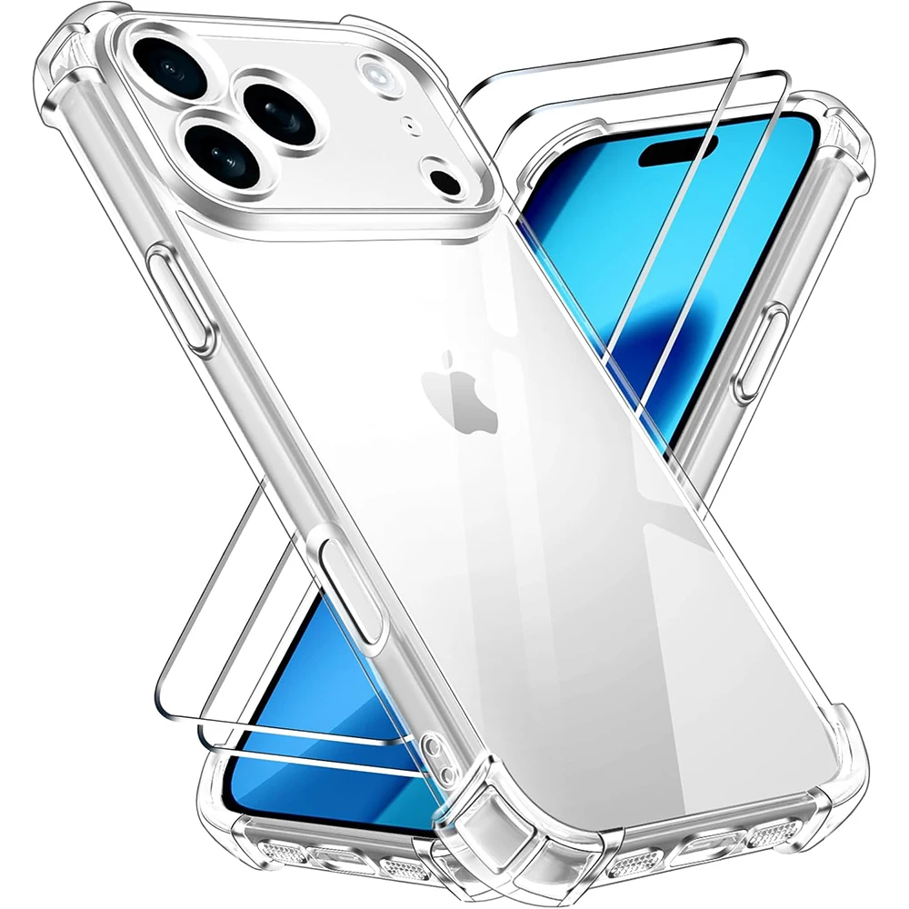 3 en 1 2 uds vidrio con esquinas reforzadas suave TPU protección de cámara trasera a prueba de golpes funda para Apple iPhone 17 Air Pro Max