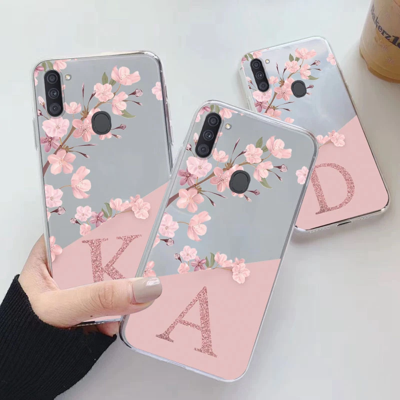 Funda trasera de lujo para Samsung Galaxy A11 M11, carcasa suave y delgada con letras de A-Z, parachoques transparente para Samsung A 11 M