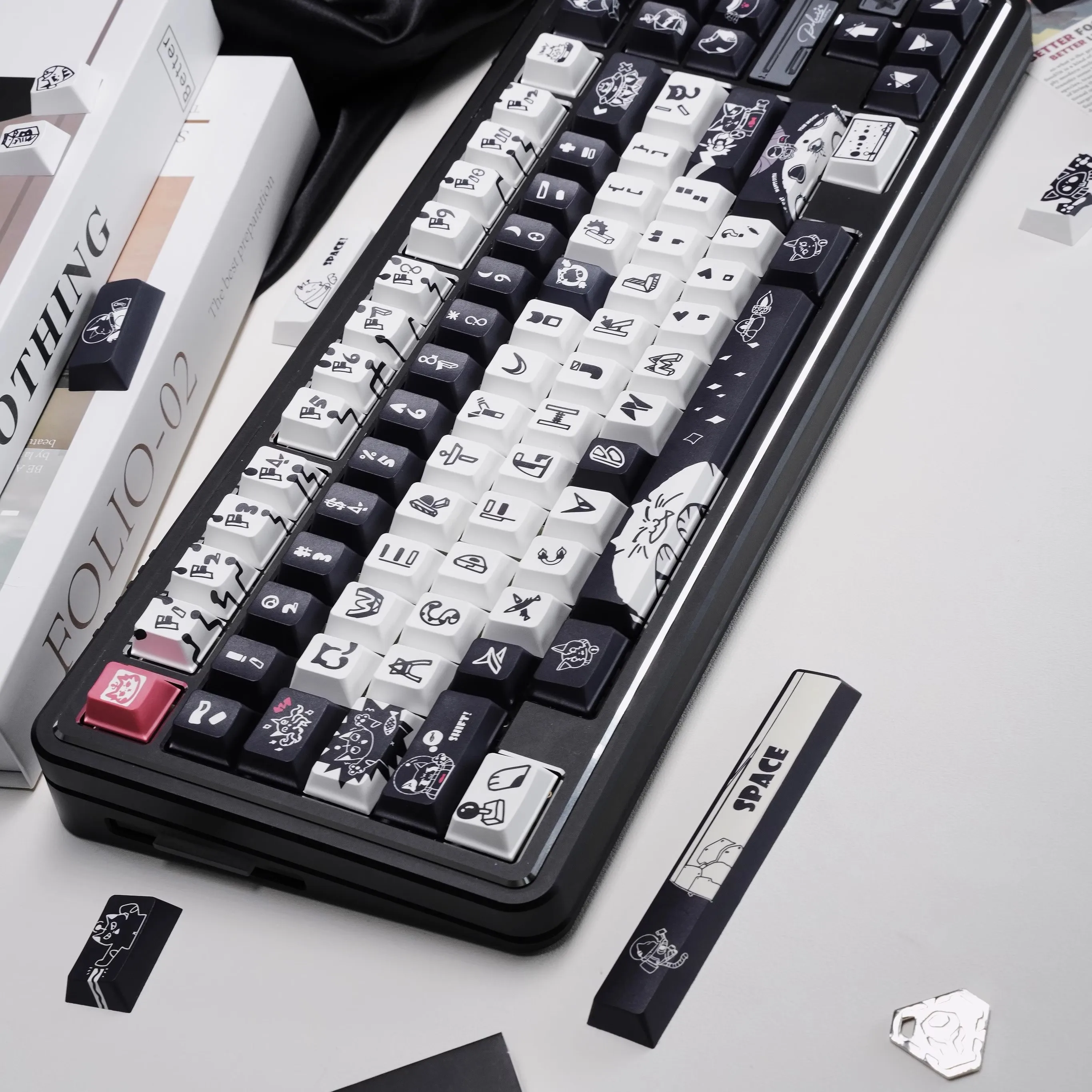 Teclas originales Sky Meow Kawaii Cherry Profile PBT para teclado mecánico, tapa de tecla personalizada con personalidad en blanco y negro - imagen 2