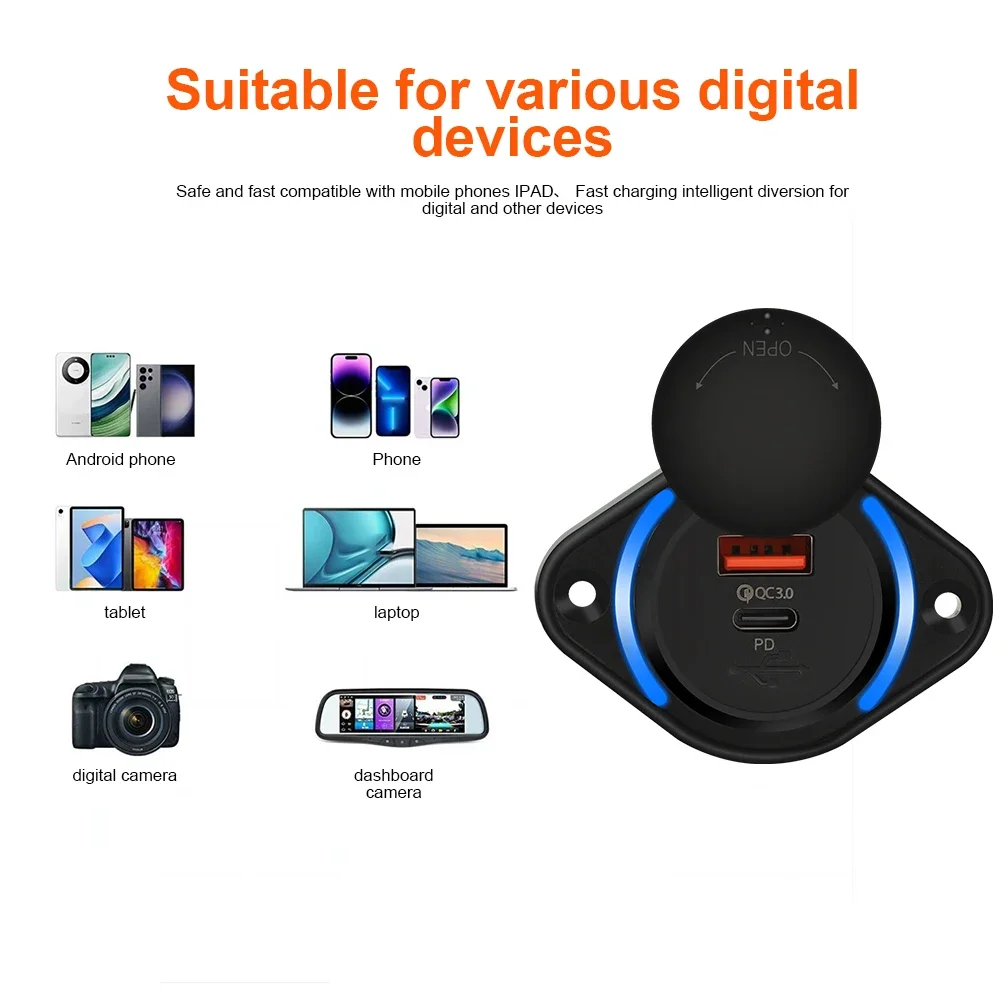 Enchufe de cargador de coche PD QC 3,0 de 48W, carga rápida con tapa deslizante, cargador rápido USB tipo C, toma de corriente para coche, barco, autobús, RV, barco - imagen 5