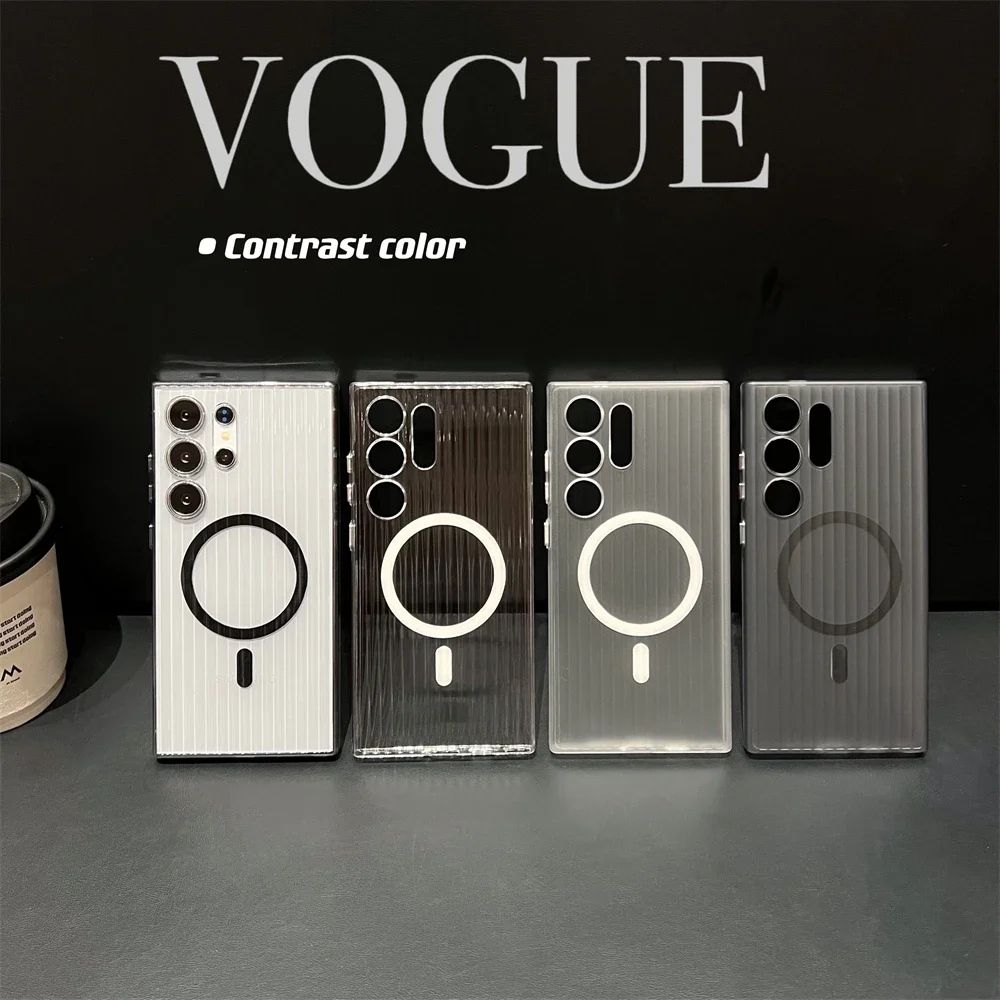 Funda transparente HD dura de lujo para Magsafe, funda para Samsung Galaxy S24 S23 Ultra Plus con rayas de carga inalámbrica magnética, funda para PC - imagen 3