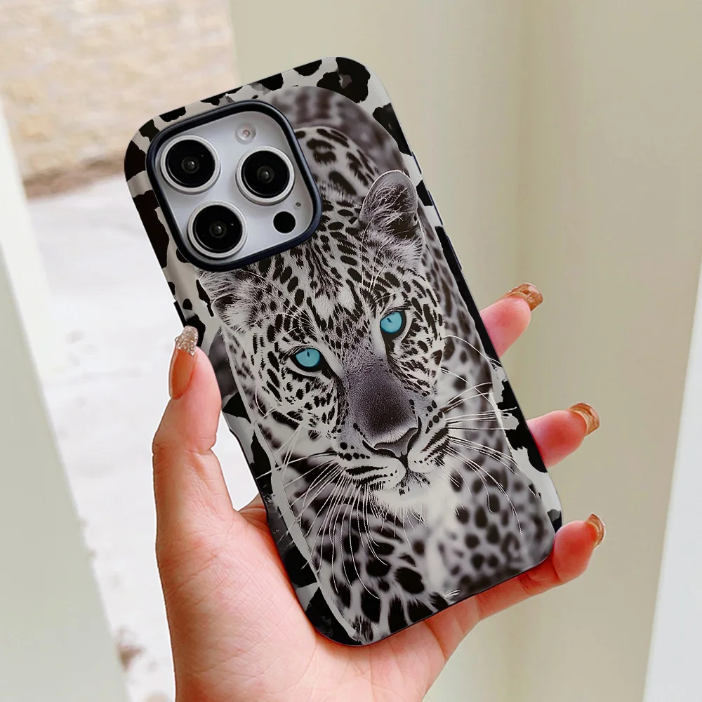 Funda de teléfono con estampado de leopardo y nieve para iPhone 16, 15, 14, 13, 12, 11 Pro Max Plus, funda trasera magnética de lujo de doble capa - imagen 2