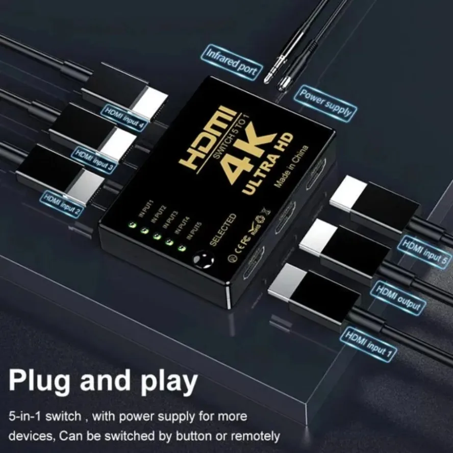 Conmutador HDMI 4K 5 en 1 salida, Selector de interruptores HDMI, Hub con mando a distancia IR, conmutador HDMI para PS4, Xbox, DVD, PC, HDTV - imagen 3