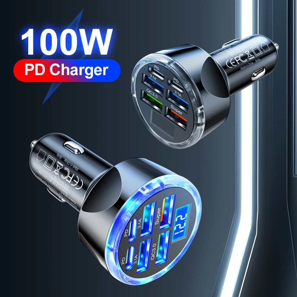 Cargador de coche 100W6 In1Ports carga rápida PD QC3.0 USBC cargador de teléfono de coche adaptador tipo C en coche para iPhone Samsung Huawei Xiaomi - imagen 2