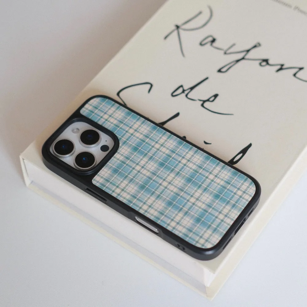 Funda de teléfono con textura de cuero y marco negro a cuadros Retro para iPhone11/12/13/14/15/16/17 Pro Max, patrón de cuadros multicolor - imagen 5