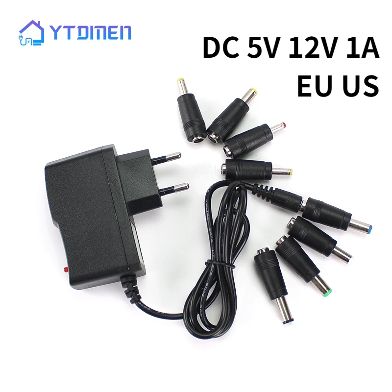 Adaptador de fuente de alimentación AC/DC 5V 12V 1A, interruptor de 5,5mm x 2,5mm, cargador de corriente de 110V a 220V con 8 conectores de conversión universales