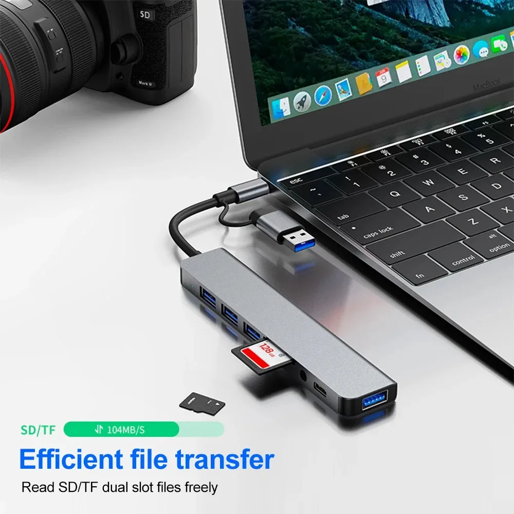 HUB de estación de acoplamiento 8 en 2, adaptador de salida de Audio USB 3,0 tipo C, divisor de transmisión de alta velocidad de 5Gbps, lector de tarjetas SD TF para Macbook - imagen 4