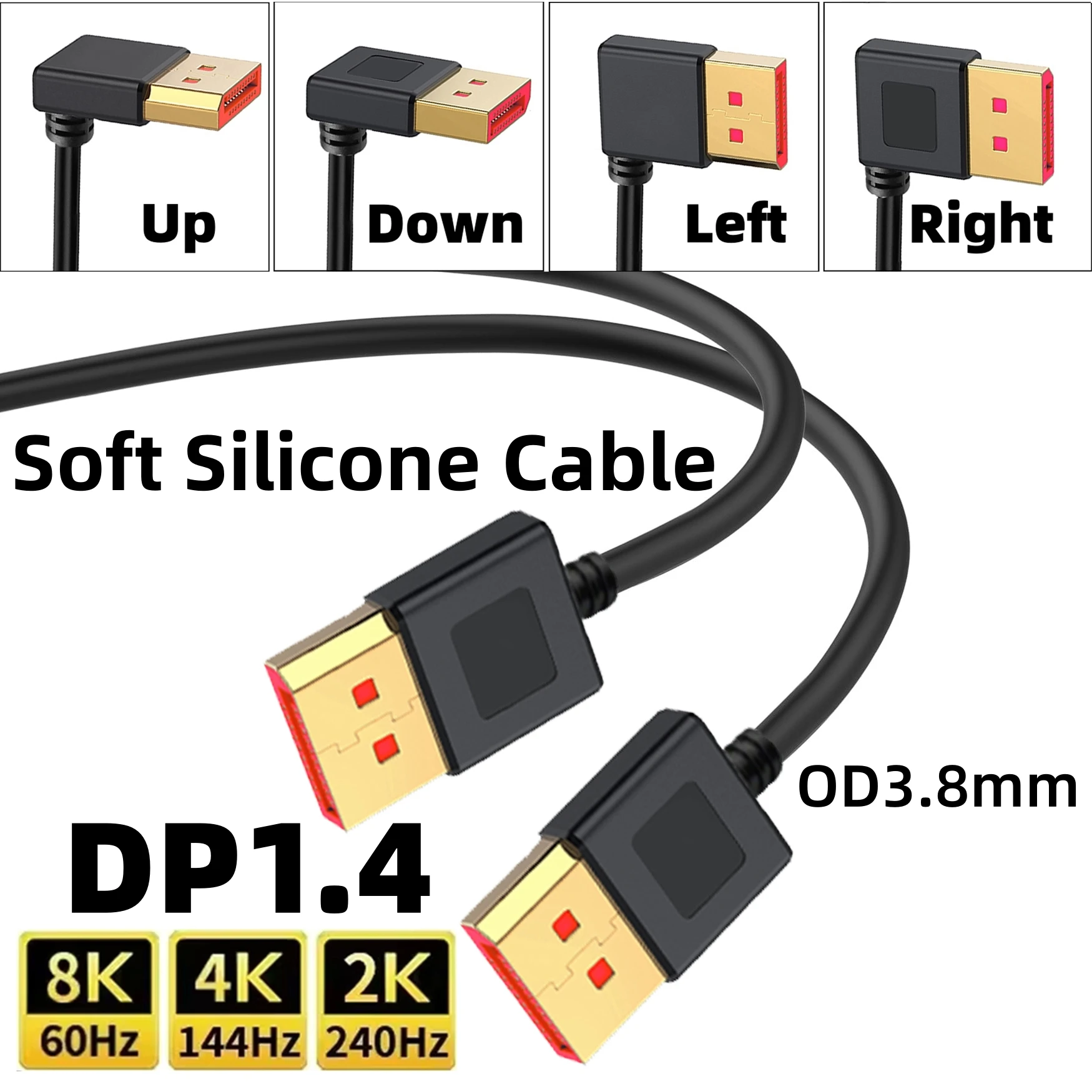8K @ 60Hz 4K @ 144Hz 2K @ 240Hz DisplayPort 1,4 Cable 90 grados DP macho a macho Cable suave de silicona para ordenador portátil Monitor de juegos de PC