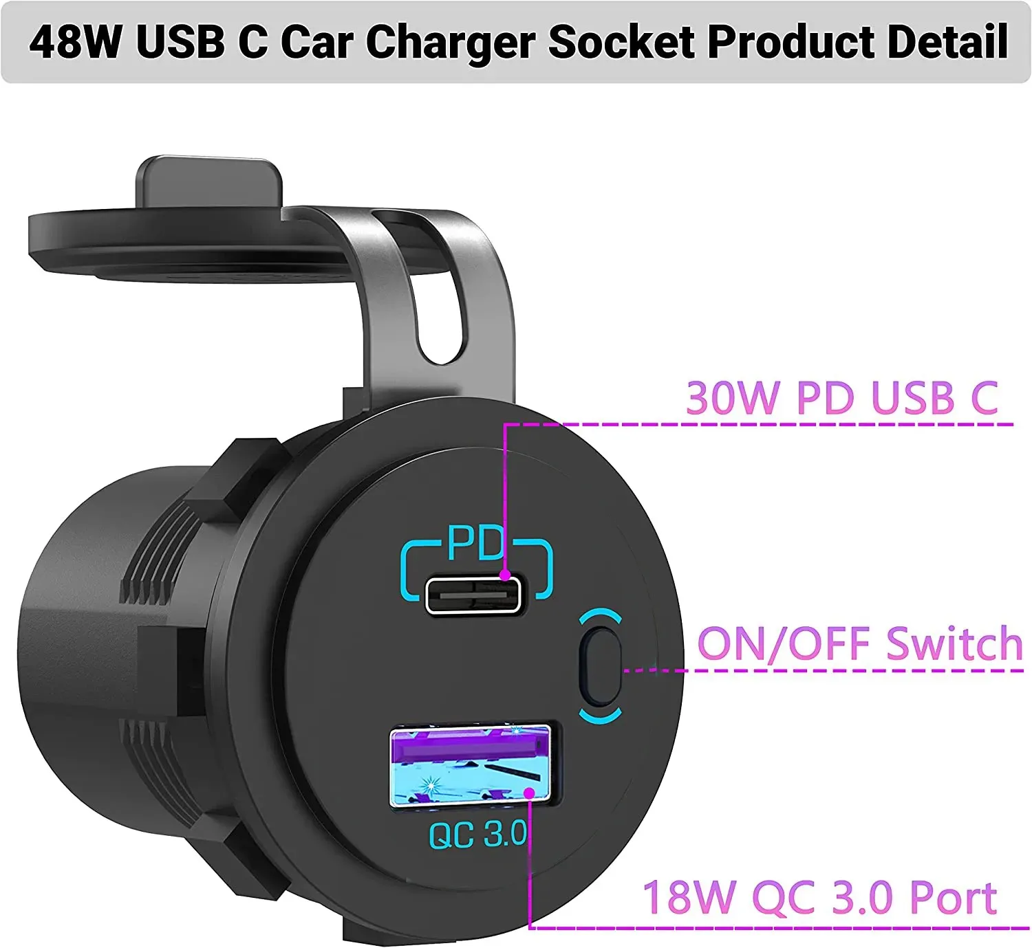 Cargador de coche USB tipo PD C, enchufe de cargador USB dual para coche de 12V/24V, con interruptor, adecuado para camiones, barcos, motocicletas ATV DVR - imagen 3