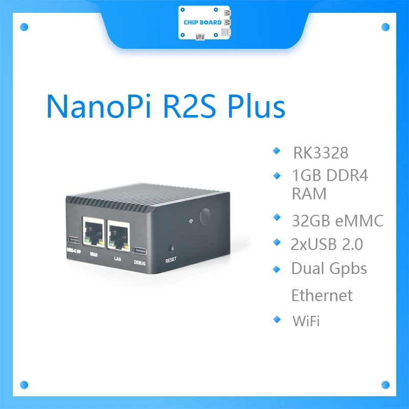 NanoPi R2S Plus Mini Placa de desarrollo RK3328, puertos Ethernet de doble Gigabit, 32GBeMMC, compatible con M.2WiF