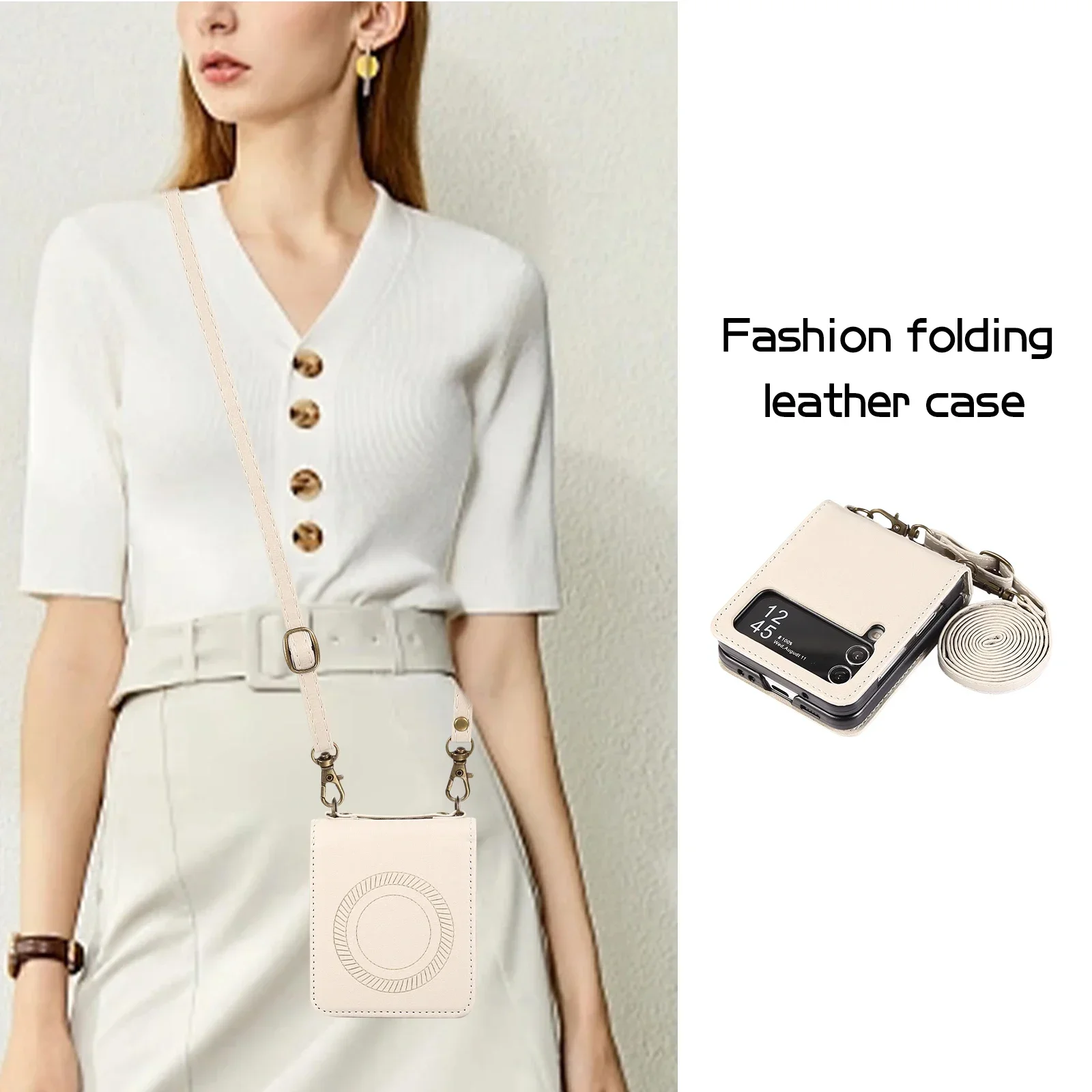 Funda de cuero magnética con carga inalámbrica cruzada para Samsung Galaxy Z Flip 6 5 4 3 Flip5 cordón de cuerda larga para funda Magsafe - imagen 4