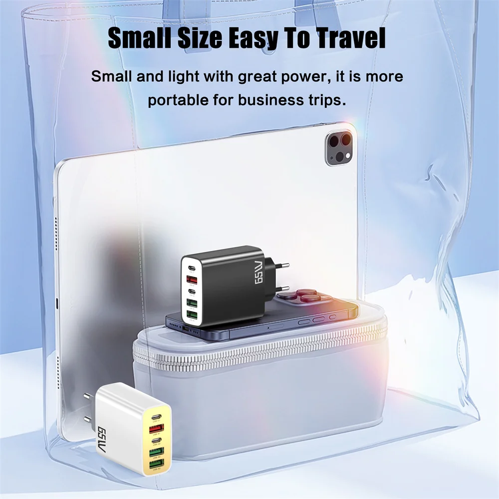 Cargador USB multipuerto de 65W, adaptador de cargador de teléfono tipo C de carga rápida para iPhone, Xiaomi, Samsung, cargador de pared con enchufe UE/EE. UU. de 5 puertos - imagen 5