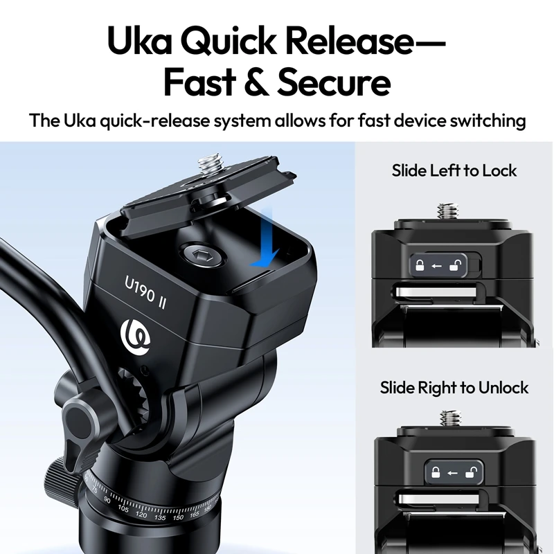 Cabezal de trípode fluido Ulanzi U190 II Uka, cabezal inclinable con placa de liberación rápida para cámara DSLR, luz de relleno con carga de rosca de 1/4 ", 4KG - imagen 3
