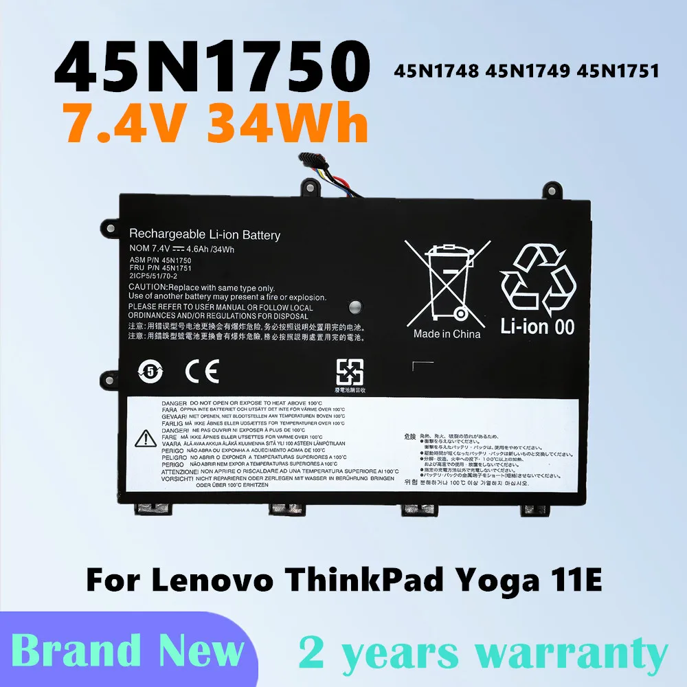 Batería del ordenador portátil 45N1750 para Lenovo ThinkPad Yoga 11E 45N1748 45N1749 45N1751 7,4 V 34Wh