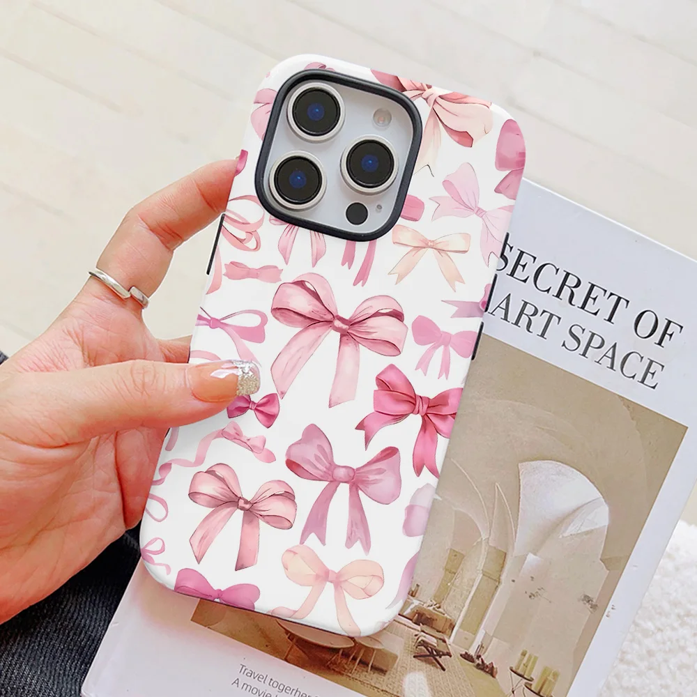 Funda de teléfono con diseño de lazo rosa para iPhone 16, 15, 14, 13, 12, 11 Pro Max Plus, funda trasera magnética de lujo de doble capa - imagen 3