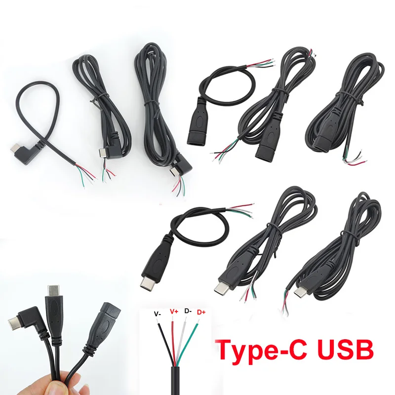 0,25 M 1M 2M USB tipo C macho hembra enchufe fuente de alimentación cargador de Cable 28awg 4 pines USB-C DIY Cable de reparación soldadura