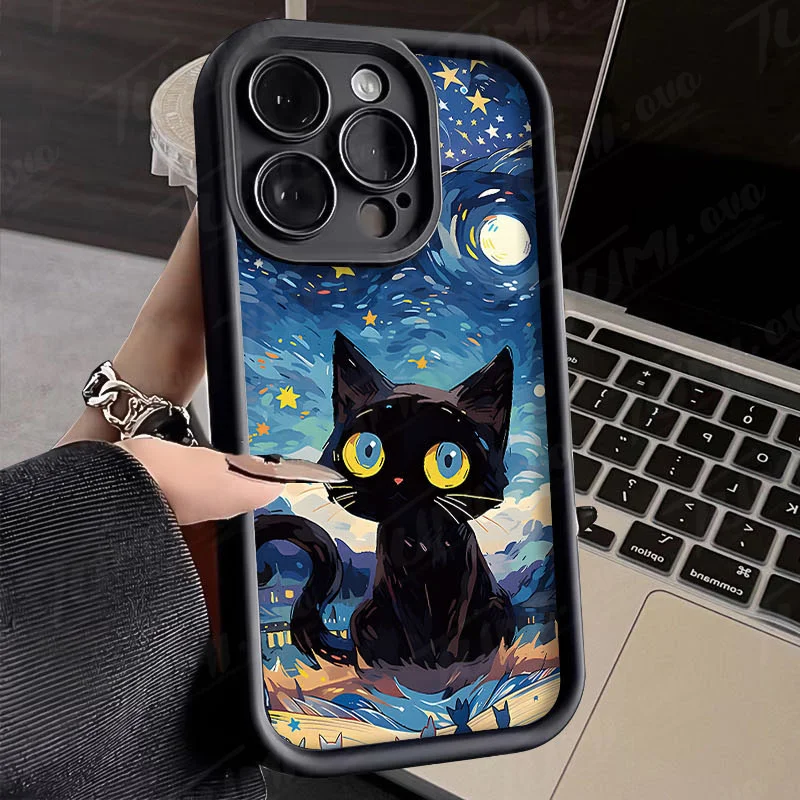Funda de teléfono de silicona con diseño de gato negro y cielo estrellado para Xiaomi Redmi Note 13, 12, 11 Pro Plus, 12S, 11S, 10S, 9, 9S, 8, 12C, 13C, cubierta trasera mate - imagen 2