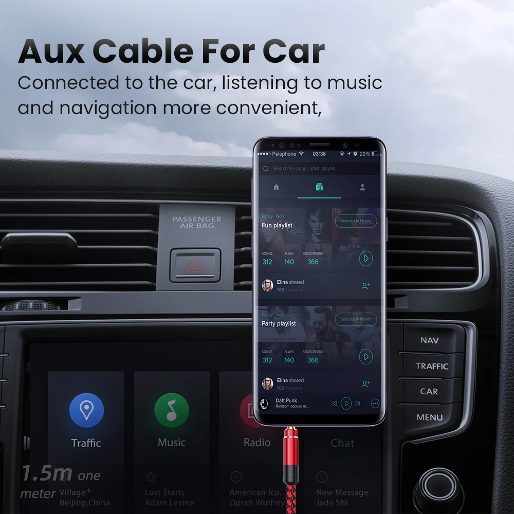 NNBILI Cable Jack de Audio de 3,5mm, 1,5 M, trenza de nailon, Cable auxiliar de 3,5mm para coche, código de extensión de auriculares para teléfono, MP3, altavoz de auriculares para coche - imagen 4