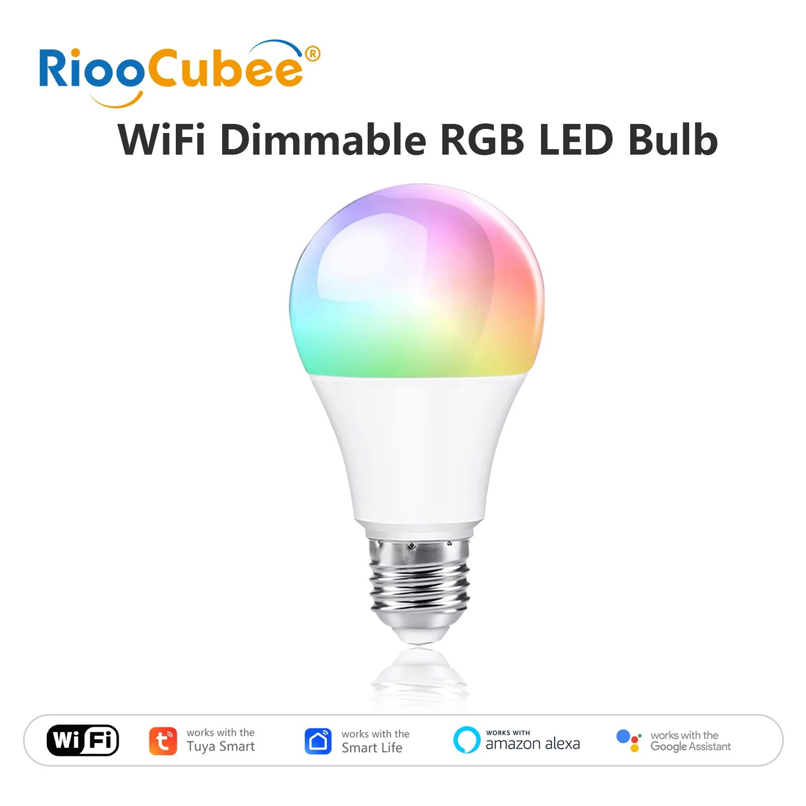 Bombilla LED RiooCubee WiFi RGB E26/E27 Aplicación remota inteligente Tuya Control a través de Google Home Alexa