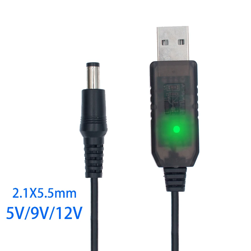 Línea de refuerzo de energía Usb con luz indicadora, módulo de aumento de CC de 5V a CC de 9V/12V, Cable adaptador convertidor Usb de 1M, enchufe de 2,1x5,5mm