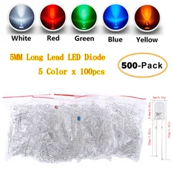 500 unids/lote F5 5MM de largo plomo transparente Ultra brillante blanco LED diodo surtido kit set 5 colores rojo blanco amarillo verde azul