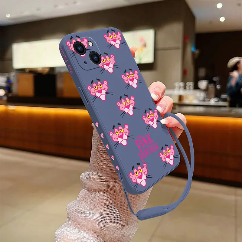 Funda de teléfono de dibujos animados para iPhone 16 15 14 13 12 11 Pro Max Mini X XR XSMAX 8 7 6S Plus silicona suave con correa de mano Pinks Panthers - imagen 3