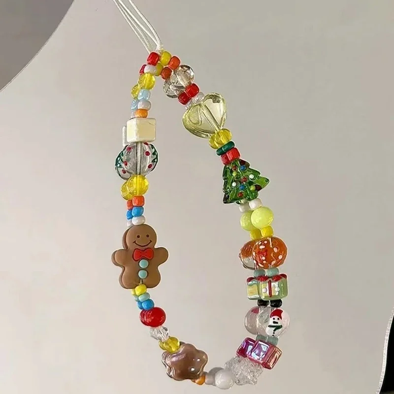 Coreano encantador 3D Navidad hombre de jengibre con cuentas teléfono acrílico colgante llavero para IPhone chica Anti-Pérdida cadena colgante joyería - imagen 5